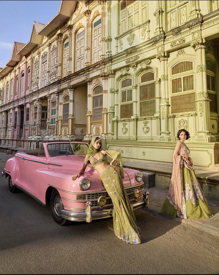 affordable designer wedding lehenga photoshoot with vintage car luxury wedding fashion on a budget India