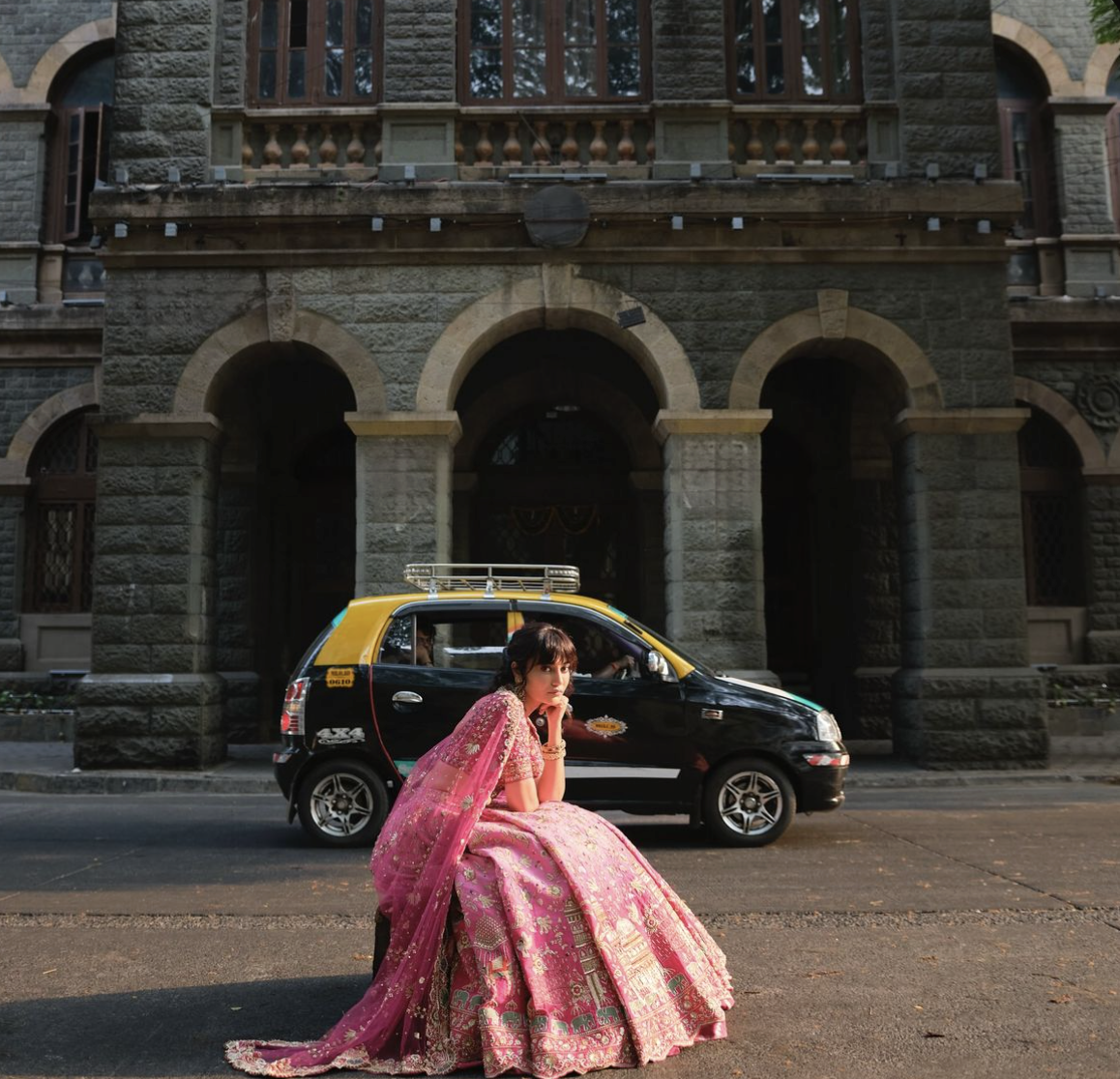 bride wearing affordable luxury wedding lehenga city photoshoot India